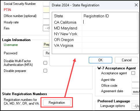 Image showing how to enter state registration numbers in Drake Tax. 